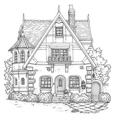 Naklejka premium Coloring Book House. Handdrawn Illustration of a Beautiful White Home with Roof