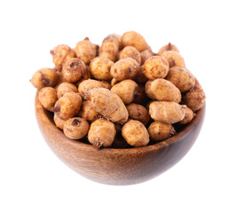 Tiger nuts in wooden bowl, isolated on white background. Pile of chufa nuts, earth almond or chufa sedge. Cyperus esculentus.