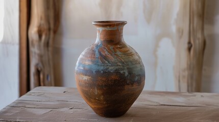 Handmade ceramics in the style of wabi sabi. Brown clay vase with an abstract blue patternHandmade ceramics Brown clay vase with an abstract blue pattern