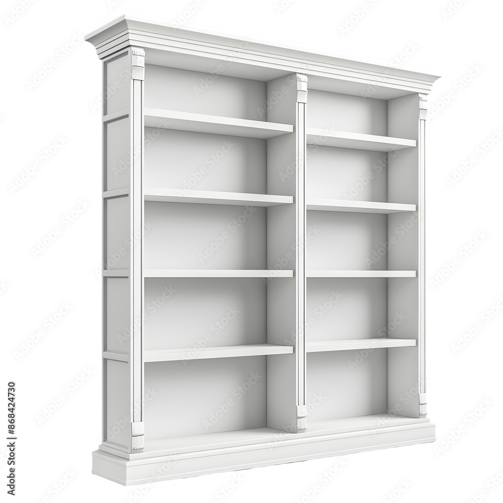 Poster 3d illustration of a transparent checkered background with an empty white bookshelf