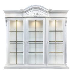 Obraz premium Elegant white vintage-style cabinet with glass doors isolated on a transparent checkered pattern