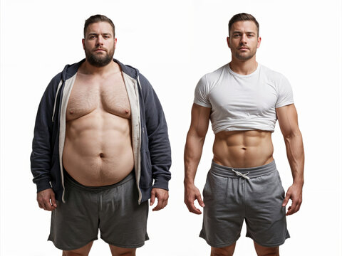 A man poses before and after weight loss. Diet and healthy nutrition. Fitness results, get fit. Liposuction results, plastic surgery. Transformation from fat to athlete. Overweight and slim, training