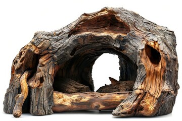 Artificial hollow log for reptile or fish tank decoration, white background