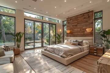 Contemporary bedroom monochromatic color scheme bright natural light minimalist furniture with clean lines large windows and a serene uncluttered ambiance