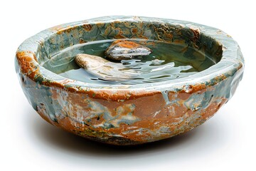 Handmade ceramic bowl with a unique fish design, white background