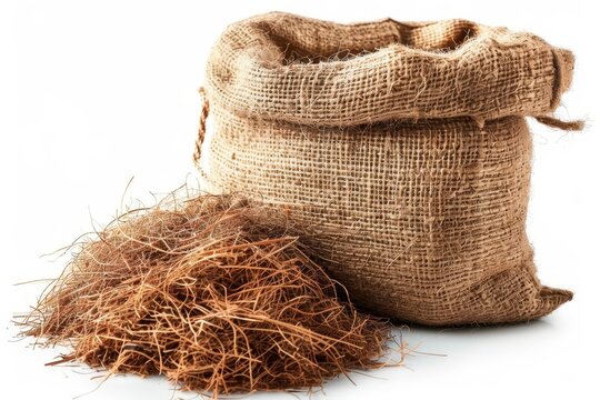Natural jute fibers. Jute is a long, soft, shiny bast fiber that can be spun into coarse, strong threads, white background