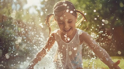 Obraz premium Funny laughing little girl running though garden sprinkler playing with water splashes in the backyard on a sunny hot summer vacation day. 