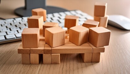 Obraz premium Digital Enterprise: Wooden Block Cubes and Computer Keyboard for Modern Online Business