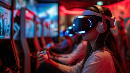 Obraz premium A virtual reality arcade with players immersed in games