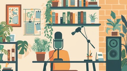 Cozy Home Office with Podcast Setup and Indoor Plants for Modern Workspace Inspiration