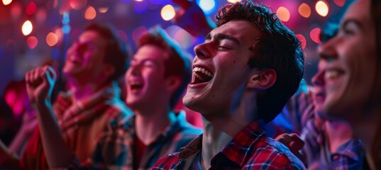 Enthusiastic Young Man Singing at a Karaoke Bar with Friends Cheering Under Vibrant Lights