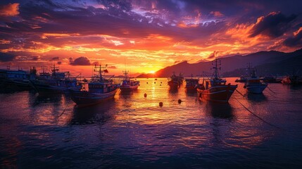 Fototapeta premium A vibrant sunset over a picturesque harbor, with boats gently swaying and the sky painted in warm hues
