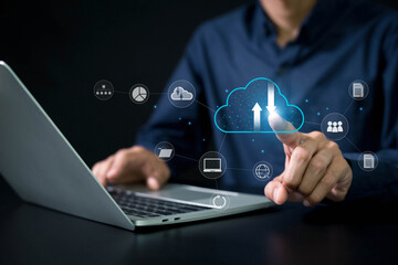 Cloud technology concept , Businessman shows cloud storage network technology icon , Big data and analytics visualization technology with Database storage cloud technology file data transfer sharing .