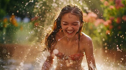 Obraz premium Funny laughing little girl running though garden sprinkler playing with water splashes in the backyard on a sunny hot summer vacation day. 