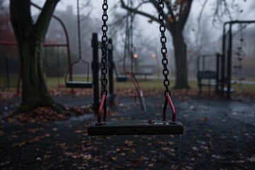 Empty Playground. Abandoned Swings with Black Chains on Dull Day