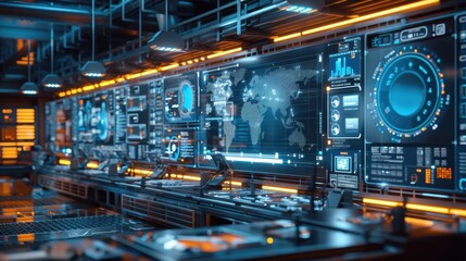 Fototapeta premium A futuristic depiction of a digital twin system monitoring steel production, sci-fi style, in a high-tech control room, showcasing precision and technology.