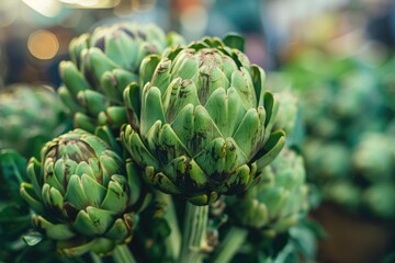 Farmers Market Closeup. Fresh Artichokes - Healthy Green Vegetable at Market
