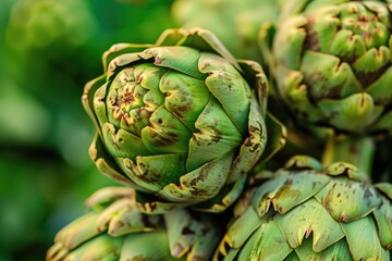 Fototapeta premium Farmers Market Closeup. Fresh Artichokes - Healthy Green Vegetable on Market Background