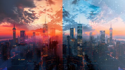 Fototapeta premium A vibrant cityscape at dusk, with skyscrapers, city lights, and a bustling urban environment