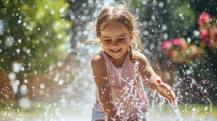 Obraz premium Funny laughing little girl running though garden sprinkler playing with water splashes in the backyard on a sunny hot summer vacation day. 
