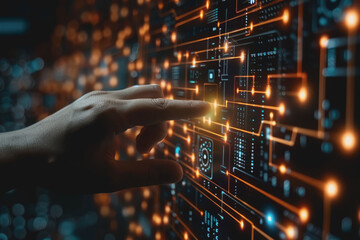 Close-up hand that touches on digital, IoT, AI chatbot technology, smart devices, VPN cybersecurity.