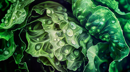 Fototapeta premium Close up of fresh green cabbage leaves growing with water droplets, showcasing the beauty of nature's details