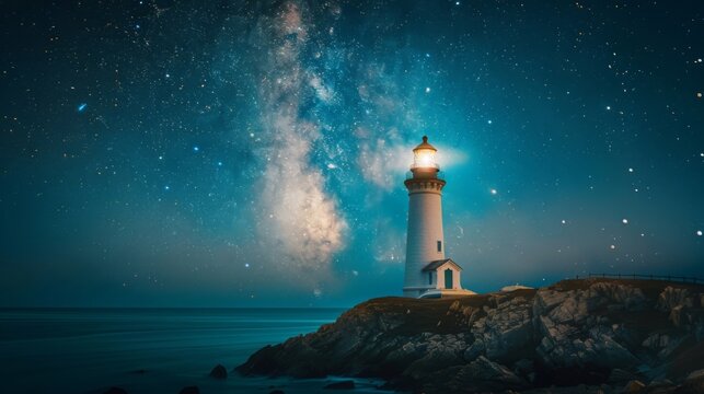 Luminous lighthouse guiding under starry night sky. The beam of light illuminates the serene ocean horizon while stars and the Milky Way shine above.