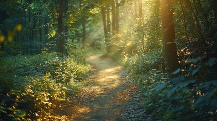 Obraz premium A tranquil forest path with dappled sunlight filtering through the trees, inviting a peaceful walk in nature