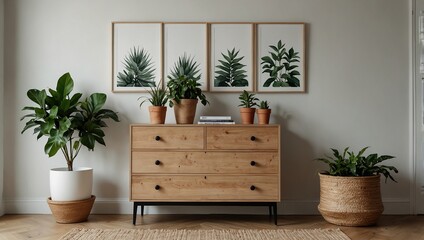 Stylish room with chest of drawers, houseplant and picture on white wall