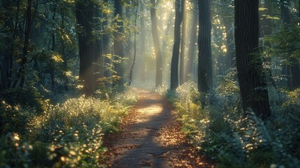 Obraz premium A tranquil forest path with dappled sunlight filtering through the trees, inviting a peaceful walk in nature