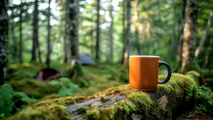 Rustic coffee cup on mossy log in sunlit forest with tent in background. Camping tranquility concept