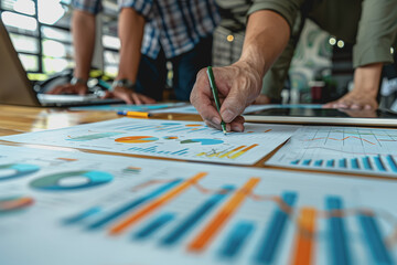 Fototapeta premium Business team having a meeting to analyze data graph charts for a marketing plan in the office.