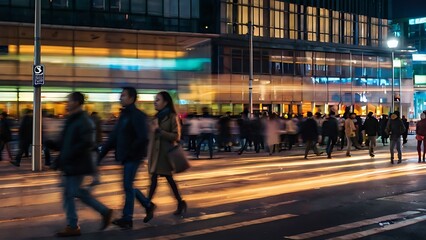 Moving crowd of people on a busy city street with long exposure