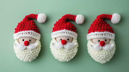 handmade crochet Christmas Santa faces, christmas decorations on a white background, xmas tree ornament 
