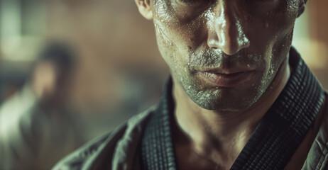 Close-Up of Martial Artist with Black Belt and Kimono in Dynamic Sparring Setting for Poster Design