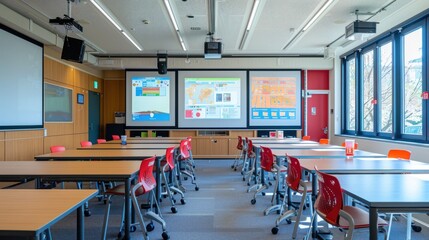 A smart classroom with interactive digital boards and tablets