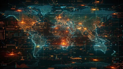 Obraz premium A global map highlighting defense alliances and conflicts, digital art, emphasizing geopolitics and strategy.