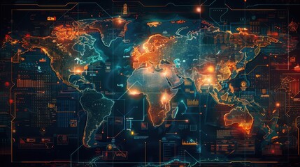 A global map highlighting defense alliances and conflicts, digital art, emphasizing geopolitics and strategy.