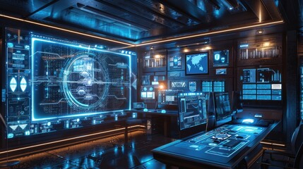 A high-tech cyber defense center with holographic displays and data streams, digital art, emphasizing protection and innovation.