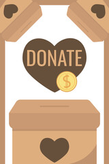 Frame of falling coins money in box charity and donation boxes border with heart says DONATE