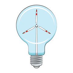 Color illustration light bulb with wind turbine, windmill. Isolated vector object on white background.