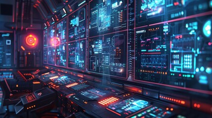 Obraz premium A sleek illustration of AI systems optimizing steel production, digital art style, in a futuristic control room, emphasizing efficiency and technology.