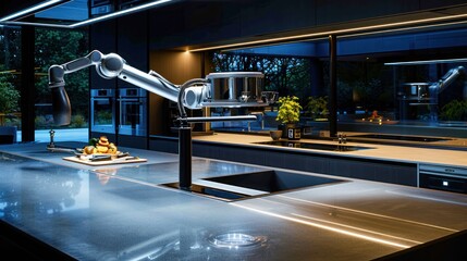 A sleek, modern kitchen featuring a robotic chef preparing gourmet meals, integrating advanced culinary technology