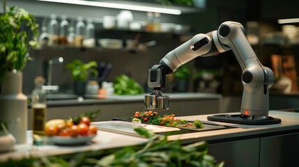 A sleek, modern kitchen featuring a robotic chef preparing gourmet meals, integrating advanced culinary technology