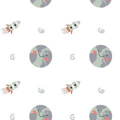 Childrens adventure pattern with cosmic objects and galaxy elements, cute planets. Seamless background with doodle space elements. Childrens pattern with cute cartoon characters.