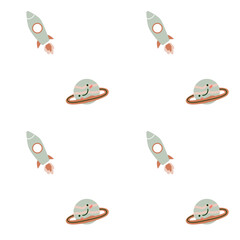 Childrens adventure pattern with cosmic objects and galaxy elements, cute planets. Seamless background with doodle space elements. Childrens pattern with cute cartoon characters.