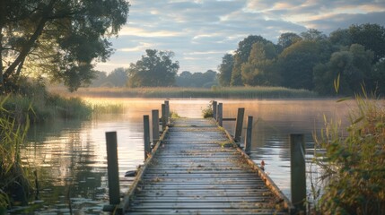 Naklejka premium A serene riverside scene with a wooden dock, soft light daylight