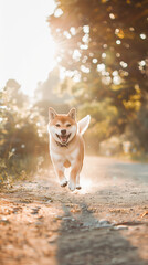 Fototapeta premium Full body shot of a Shiba Inu, happily running in the soft sunlight.
