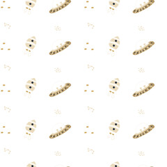 Childrens adventure pattern with cute galaxy elements. Space animal characters endless background in scandinavian style. Hand drawn childish design for textile, nursery clothes, boys room wallpaper.