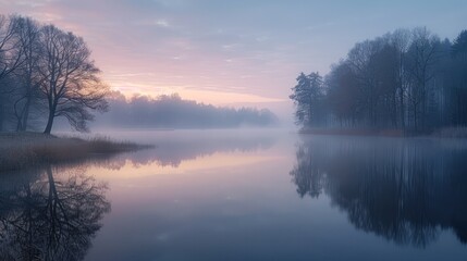 A serene lake at dawn, with mist rising from the water and the first light of day reflecting off the surface